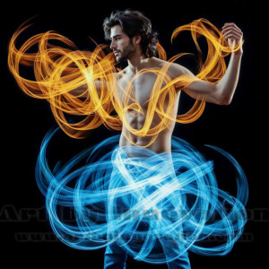 AI-generated abstract art of handsome shirtless men dancing with colorful dynamic light rays wrapping around their bodies. Cosmic, surreal, vivid digital art by Jeff Dupler.