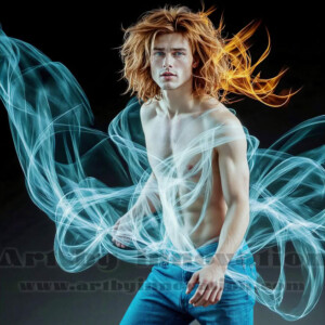AI-generated abstract art of handsome shirtless men dancing with colorful dynamic light rays wrapping around their bodies. Cosmic, surreal, vivid digital art by Jeff Dupler.