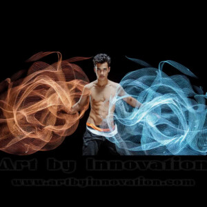 AI-generated abstract art of handsome shirtless men dancing with colorful dynamic light rays wrapping around their bodies. Cosmic, surreal, vivid digital art by Jeff Dupler.