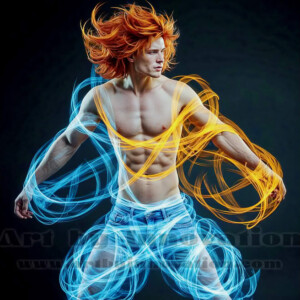 AI-generated abstract art of handsome shirtless men dancing with colorful dynamic light rays wrapping around their bodies. Cosmic, surreal, vivid digital art by Jeff Dupler.