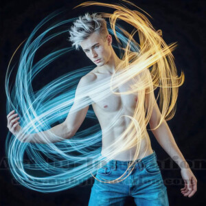 AI-generated abstract art of handsome shirtless men dancing with colorful dynamic light rays wrapping around their bodies. Cosmic, surreal, vivid digital art by Jeff Dupler.