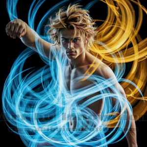 AI-generated abstract art of handsome shirtless men dancing with colorful dynamic light rays wrapping around their bodies. Cosmic, surreal, vivid digital art by Jeff Dupler.