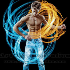 AI-generated abstract art of handsome shirtless men dancing with colorful dynamic light rays wrapping around their bodies. Cosmic, surreal, vivid digital art by Jeff Dupler.