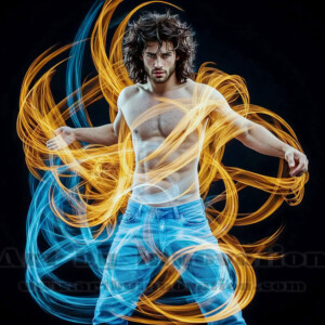 AI-generated abstract art of handsome shirtless men dancing with colorful dynamic light rays wrapping around their bodies. Cosmic, surreal, vivid digital art by Jeff Dupler.