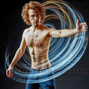 AI-generated abstract art of handsome shirtless men dancing with colorful dynamic light rays wrapping around their bodies. Cosmic, surreal, vivid digital art by Jeff Dupler.