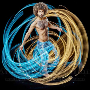 AI-generated abstract art of handsome shirtless men dancing with colorful dynamic light rays wrapping around their bodies. Cosmic, surreal, vivid digital art by Jeff Dupler.