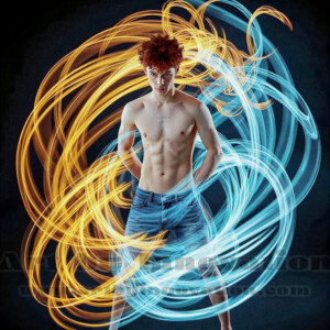AI-generated abstract art of handsome shirtless men dancing with colorful dynamic light rays wrapping around their bodies. Cosmic, surreal, vivid digital art by Jeff Dupler.