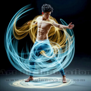 AI-generated abstract art of handsome shirtless men dancing with colorful dynamic light rays wrapping around their bodies. Cosmic, surreal, vivid digital art by Jeff Dupler.