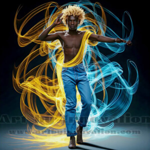 AI-generated abstract art of handsome shirtless men dancing with colorful dynamic light rays wrapping around their bodies. Cosmic, surreal, vivid digital art by Jeff Dupler.