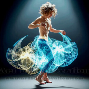 AI-generated abstract art of handsome shirtless men dancing with colorful dynamic light rays wrapping around their bodies. Cosmic, surreal, vivid digital art by Jeff Dupler.