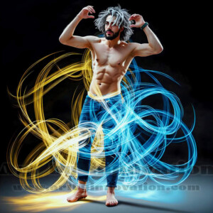 AI-generated abstract art of handsome shirtless men dancing with colorful dynamic light rays wrapping around their bodies. Cosmic, surreal, vivid digital art by Jeff Dupler.