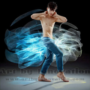 AI-generated abstract art of handsome shirtless men dancing with colorful dynamic light rays wrapping around their bodies. Cosmic, surreal, vivid digital art by Jeff Dupler.