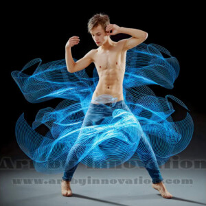 AI-generated abstract art of handsome shirtless men dancing with colorful dynamic light rays wrapping around their bodies. Cosmic, surreal, vivid digital art by Jeff Dupler.