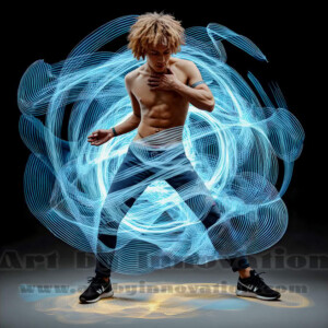 AI-generated abstract art of handsome shirtless men dancing with colorful dynamic light rays wrapping around their bodies. Cosmic, surreal, vivid digital art by Jeff Dupler.