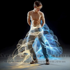 AI-generated abstract art of handsome shirtless men dancing with colorful dynamic light rays wrapping around their bodies. Cosmic, surreal, vivid digital art by Jeff Dupler.