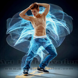 AI-generated abstract art of handsome shirtless men dancing with colorful dynamic light rays wrapping around their bodies. Cosmic, surreal, vivid digital art by Jeff Dupler.