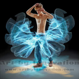 AI-generated abstract art of handsome shirtless men dancing with colorful dynamic light rays wrapping around their bodies. Cosmic, surreal, vivid digital art by Jeff Dupler.