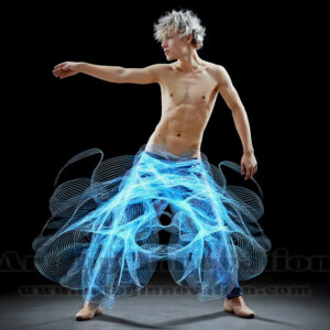 AI-generated abstract art of handsome shirtless men dancing with colorful dynamic light rays wrapping around their bodies. Cosmic, surreal, vivid digital art by Jeff Dupler.