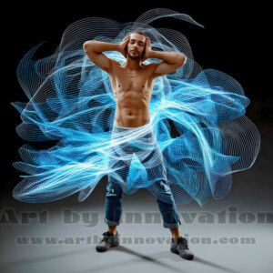 AI-generated abstract art of handsome shirtless men dancing with colorful dynamic light rays wrapping around their bodies. Cosmic, surreal, vivid digital art by Jeff Dupler.