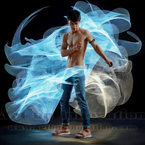 AI-generated abstract art of handsome shirtless men dancing with colorful dynamic light rays wrapping around their bodies. Cosmic, surreal, vivid digital art by Jeff Dupler.