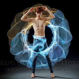AI-generated abstract art of handsome shirtless men dancing with colorful dynamic light rays wrapping around their bodies. Cosmic, surreal, vivid digital art by Jeff Dupler.