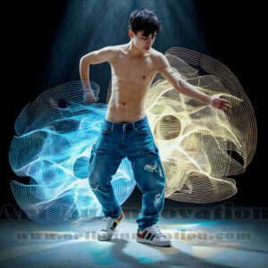 AI-generated abstract art of handsome shirtless men dancing with colorful dynamic light rays wrapping around their bodies. Cosmic, surreal, vivid digital art by Jeff Dupler.