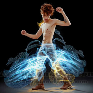 AI-generated abstract art of handsome shirtless men dancing with colorful dynamic light rays wrapping around their bodies. Cosmic, surreal, vivid digital art by Jeff Dupler.