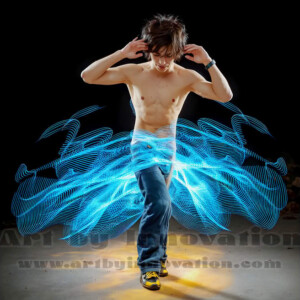 AI-generated abstract art of handsome shirtless men dancing with colorful dynamic light rays wrapping around their bodies. Cosmic, surreal, vivid digital art by Jeff Dupler.
