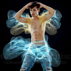 AI-generated abstract art of handsome shirtless men dancing with colorful dynamic light rays wrapping around their bodies. Cosmic, surreal, vivid digital art by Jeff Dupler.