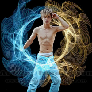 AI-generated abstract art of handsome shirtless men dancing with colorful dynamic light rays wrapping around their bodies. Cosmic, surreal, vivid digital art by Jeff Dupler.