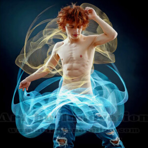 AI-generated abstract art of handsome shirtless men dancing with colorful dynamic light rays wrapping around their bodies. Cosmic, surreal, vivid digital art by Jeff Dupler.