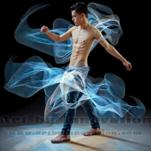 AI-generated abstract art of handsome shirtless men dancing with colorful dynamic light rays wrapping around their bodies. Cosmic, surreal, vivid digital art by Jeff Dupler.