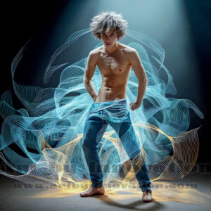 AI-generated abstract art of handsome shirtless men dancing with colorful dynamic light rays wrapping around their bodies. Cosmic, surreal, vivid digital art by Jeff Dupler.