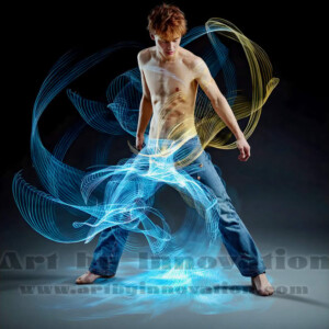 AI-generated abstract art of handsome shirtless men dancing with colorful dynamic light rays wrapping around their bodies. Cosmic, surreal, vivid digital art by Jeff Dupler.