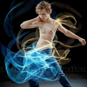 AI-generated abstract art of handsome shirtless men dancing with colorful dynamic light rays wrapping around their bodies. Cosmic, surreal, vivid digital art by Jeff Dupler.