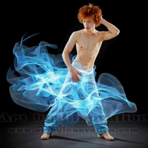 AI-generated abstract art of handsome shirtless men dancing with colorful dynamic light rays wrapping around their bodies. Cosmic, surreal, vivid digital art by Jeff Dupler.
