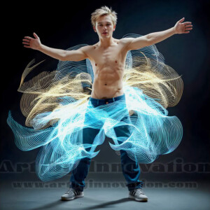 AI-generated abstract art of handsome shirtless men dancing with colorful dynamic light rays wrapping around their bodies. Cosmic, surreal, vivid digital art by Jeff Dupler.
