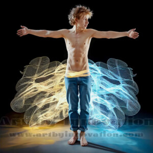 AI-generated abstract art of handsome shirtless men dancing with colorful dynamic light rays wrapping around their bodies. Cosmic, surreal, vivid digital art by Jeff Dupler.