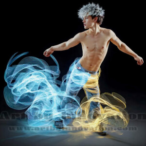AI-generated abstract art of handsome shirtless men dancing with colorful dynamic light rays wrapping around their bodies. Cosmic, surreal, vivid digital art by Jeff Dupler.