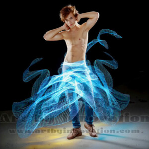 AI-generated abstract art of handsome shirtless men dancing with colorful dynamic light rays wrapping around their bodies. Cosmic, surreal, vivid digital art by Jeff Dupler.