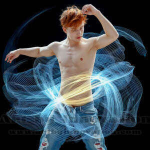 AI-generated abstract art of handsome shirtless men dancing with colorful dynamic light rays wrapping around their bodies. Cosmic, surreal, vivid digital art by Jeff Dupler.