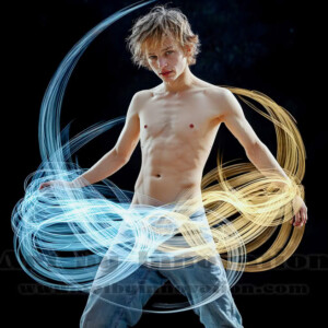 AI-generated abstract art of handsome shirtless men dancing with colorful dynamic light rays wrapping around their bodies. Cosmic, surreal, vivid digital art by Jeff Dupler.
