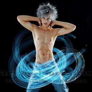 AI-generated abstract art of handsome shirtless men dancing with colorful dynamic light rays wrapping around their bodies. Cosmic, surreal, vivid digital art by Jeff Dupler.