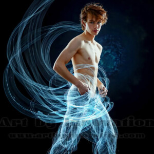 AI-generated abstract art of handsome shirtless men dancing with colorful dynamic light rays wrapping around their bodies. Cosmic, surreal, vivid digital art by Jeff Dupler.