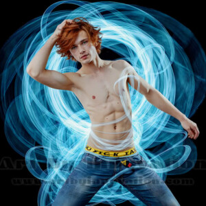 AI-generated abstract art of handsome shirtless men dancing with colorful dynamic light rays wrapping around their bodies. Cosmic, surreal, vivid digital art by Jeff Dupler.