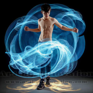 AI-generated abstract art of handsome shirtless men dancing with colorful dynamic light rays wrapping around their bodies. Cosmic, surreal, vivid digital art by Jeff Dupler.