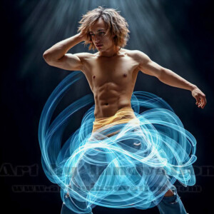 AI-generated abstract art of handsome shirtless men dancing with colorful dynamic light rays wrapping around their bodies. Cosmic, surreal, vivid digital art by Jeff Dupler.