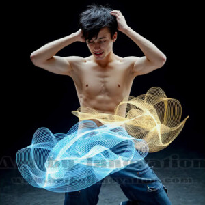 AI-generated abstract art of handsome shirtless men dancing with colorful dynamic light rays wrapping around their bodies. Cosmic, surreal, vivid digital art by Jeff Dupler.