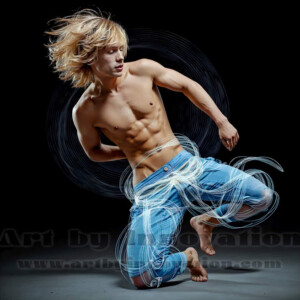 AI-generated abstract art of handsome shirtless men dancing with colorful dynamic light rays wrapping around their bodies. Cosmic, surreal, vivid digital art by Jeff Dupler.
