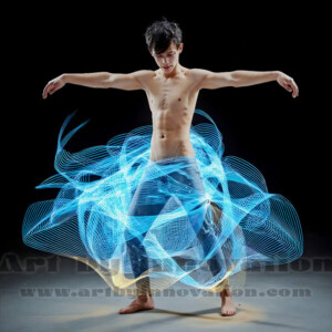 AI-generated abstract art of handsome shirtless men dancing with colorful dynamic light rays wrapping around their bodies. Cosmic, surreal, vivid digital art by Jeff Dupler.